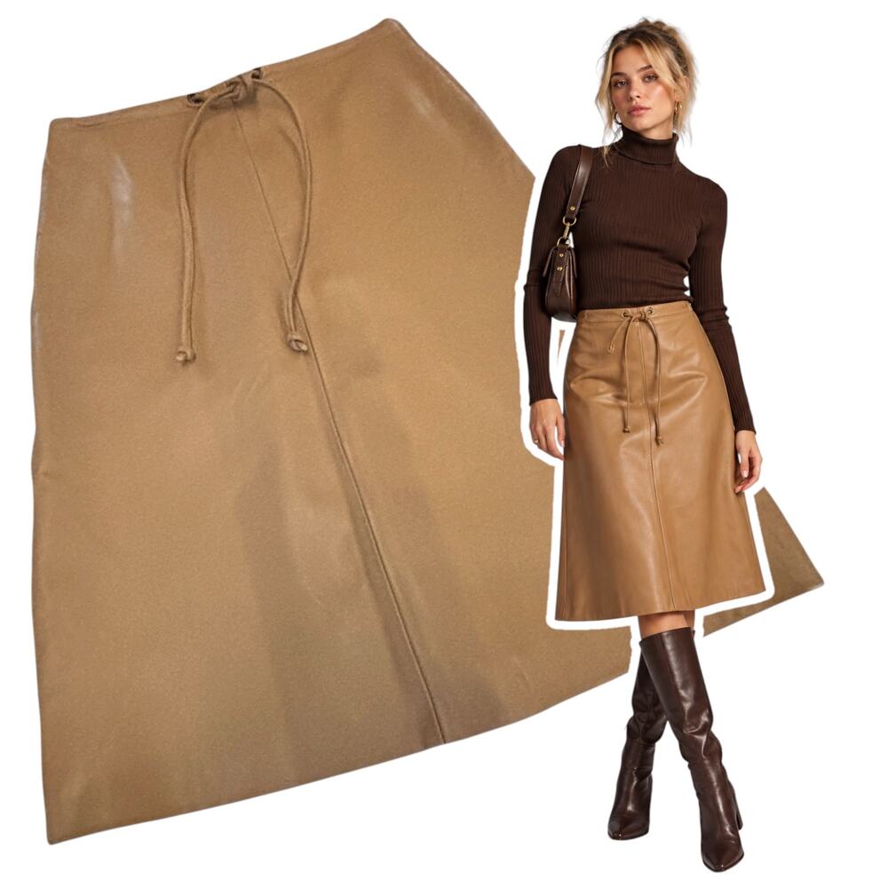 TREK New York Leather Skirt Sz 4 Tan Brown Lace Up A Line Midi Y2K Camel Vintage